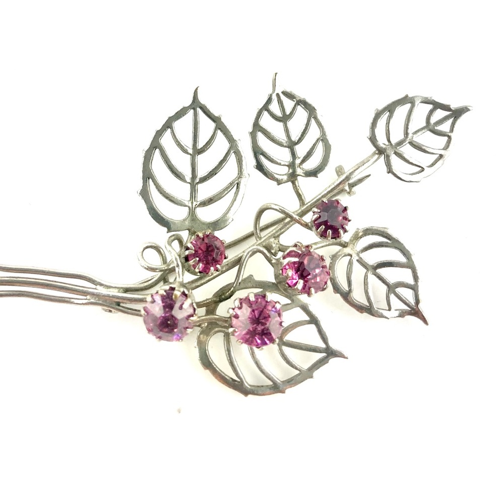 VTG Czechoslovakia Sterling Silver Pin Brooch with 5Pink Crystal Flower Bouquet